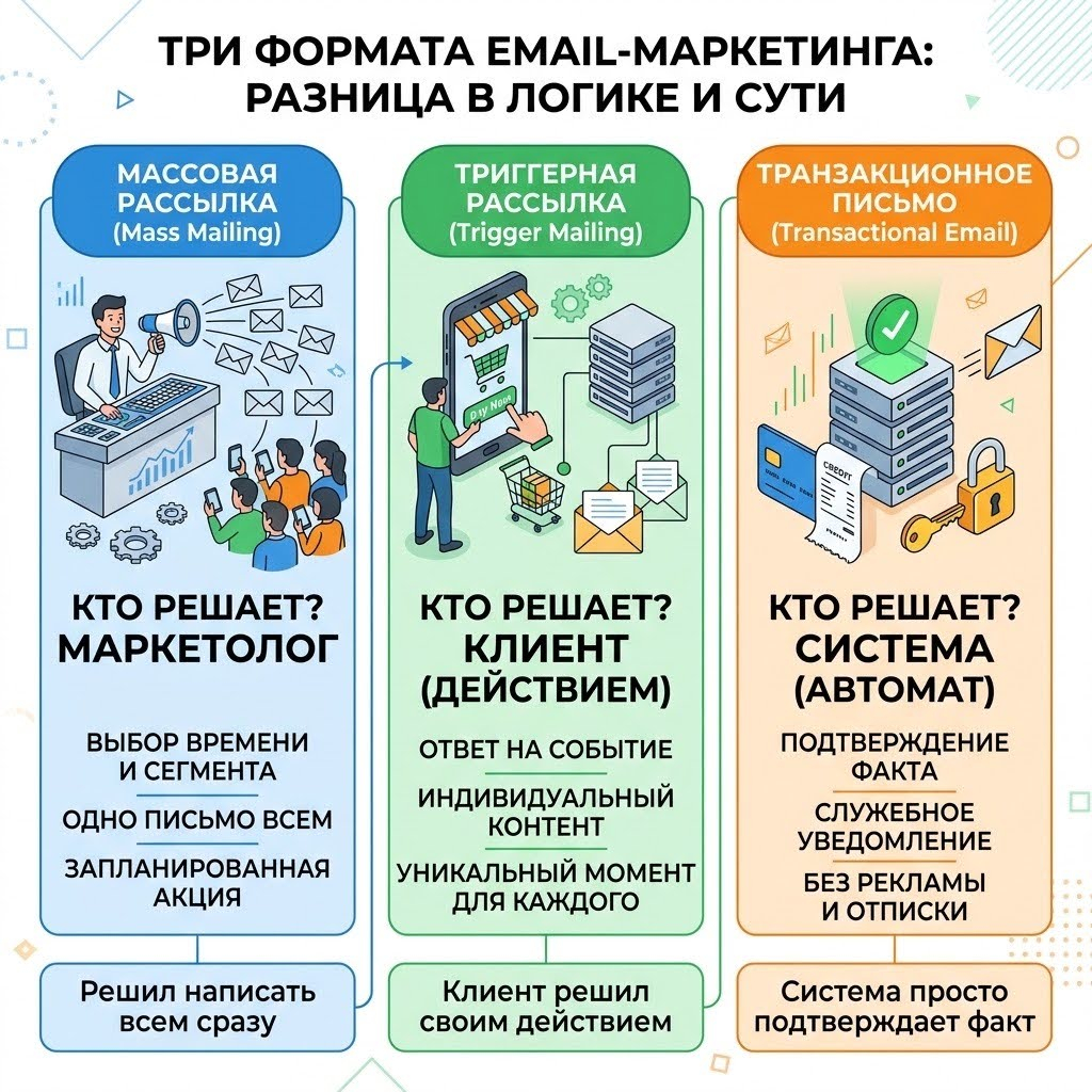 Три формата email-рассылок: кто решает, когда и что получит подписчик.