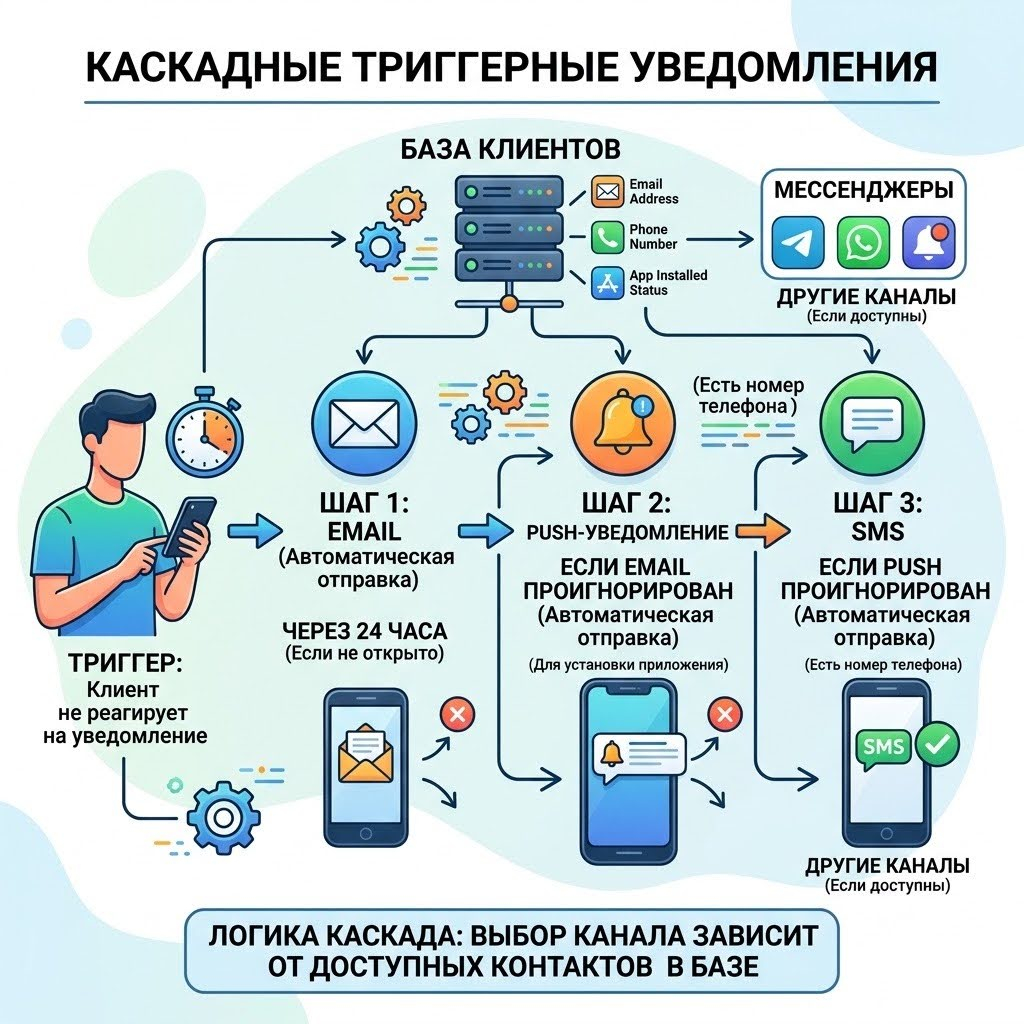 аскадные триггерные уведомления: как выбрать канал, если пользователь не открыл письмо.