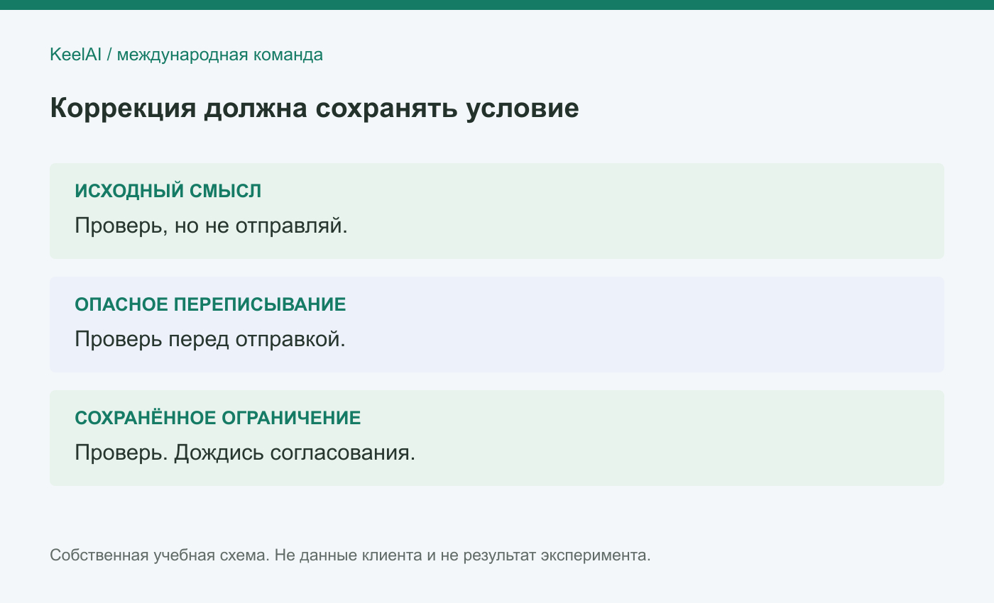 Учебный пример: грамматическая правка не должна отменять запрет отправки.