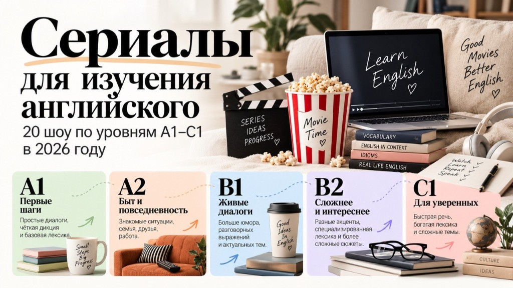 Сериалы для изучения английского: 20 шоу по уровням A1–C1 в 2026
