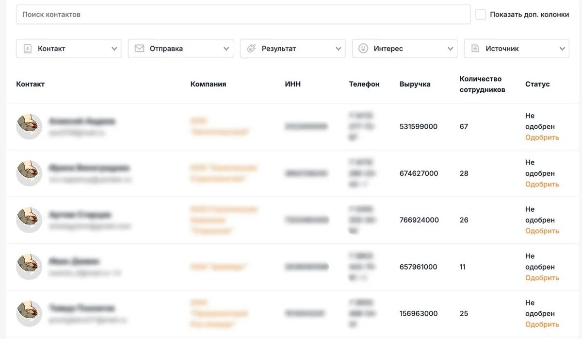 База компаний для рассылки: выручка, штат и статус одобрения в одной таблице
