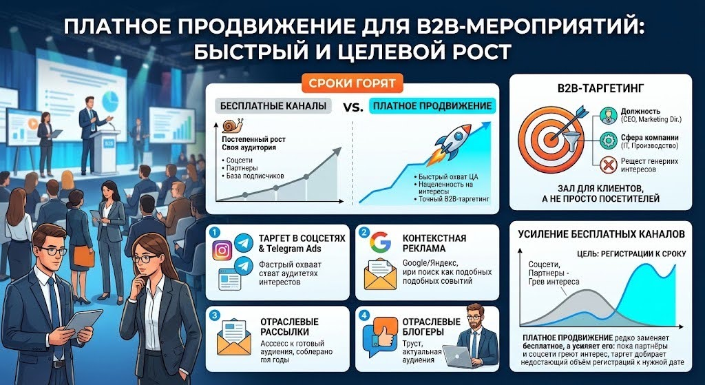 Платные каналы привлечения на мероприятие: таргетинг, контекст, рассылки и блогеры