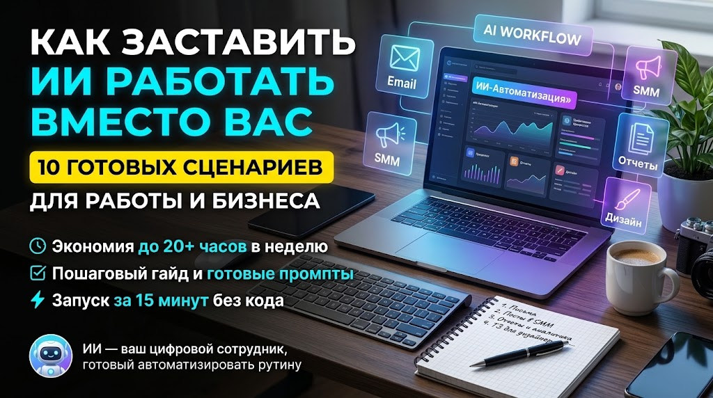 Готовые сценарии и промпты для нейросетей: как автоматизировать рутину, писать ТЗ и делегировать задачи искусственному интеллекту в бизнесе и SMM.