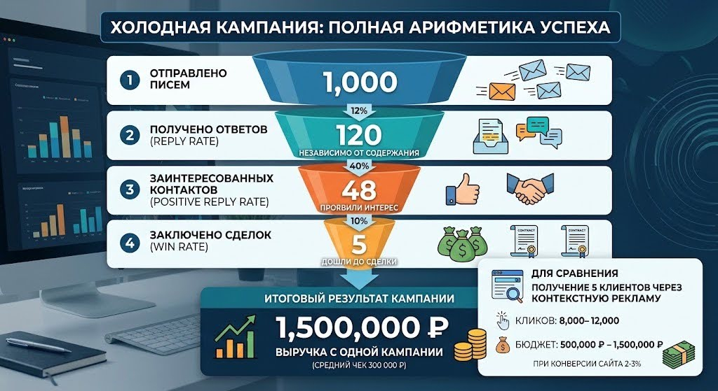 Воронка холодной email-кампании: сколько писем нужно, чтобы получить 5 сделок.