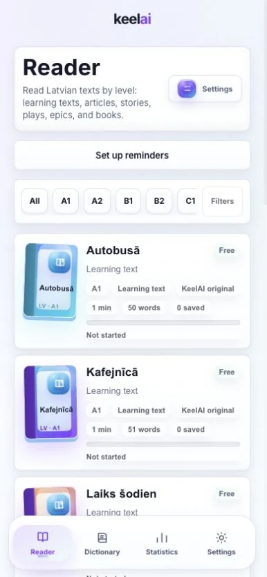 Латышская читалка KeelAI: выбор уровня A1–C1 и коротких текстов. Английский интерфейс.