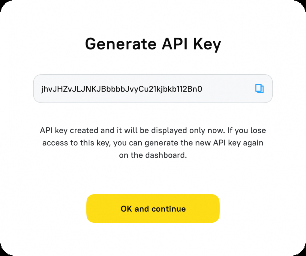 Окно для создания ключа API