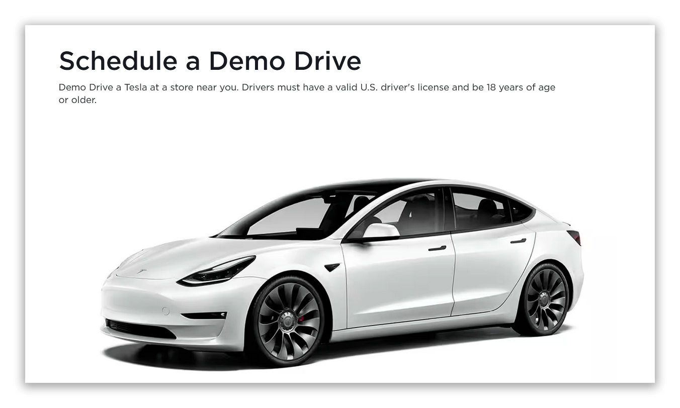 Пример от Tesla: автомобиль не пытаются продать прямо с лендинга. Компания приглашает потенциального покупателя на бесплатную поездку: так он сможет оценить машину в работе