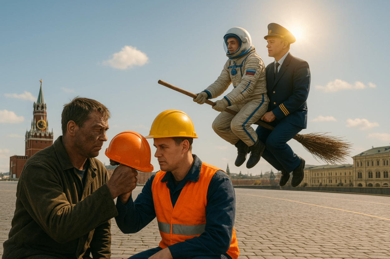 Вышел новый трейлер к экономики РФ: шахтёры со строителями стучат касками в Москве, а космонавты с пилотами улетели осваивать новые планеты за свой счёт.