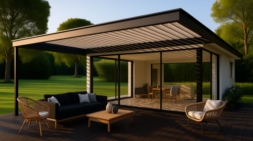 Современный загородный дом с чёрной перголой, создающей тень на террасе. Чёрный диван, два плетёных кресла и деревянный кофейный столик. Остекление защищает обеденную зону, видна гостиная с мебелью на открытом воздухе. Зелёный газон, деревья и ясное небо создают атмосферу уюта и гармонии с природой.