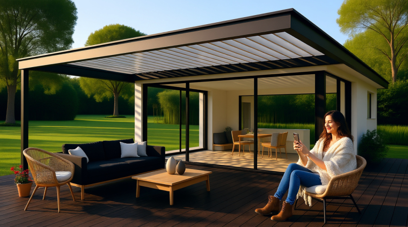 Женщина в светлом свитере сидит на плетёном кресле под чёрной перголой. На террасе — чёрный диван, кофейный столик и декоративные вазы. Терраса имеет остекление, видна гостиная. Зелёный газон и деревья создают уютную атмосферу. Идеальное место для отдыха на природе.