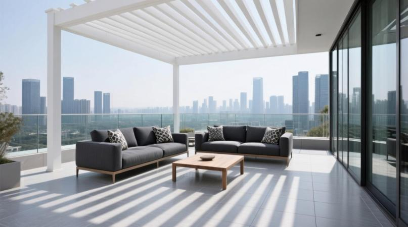 Современная терраса на крыше многоэтажного дома с белой перголой и потолком из ламелей, создающих полосы теней на светлой плитке. На террасе два серых дивана, деревянный кофейный столик и подушки. Вид на городской пейзаж с небоскрёбами. Стеклянные двери ведут в дом. Уютное и стильное пространство для отдыха в мегаполисе.