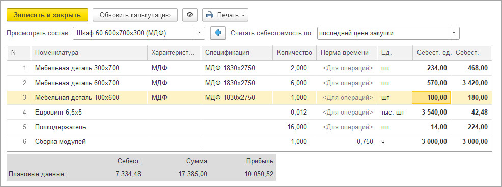 Пример калькуляции заказа и расчета плановой себестоимости на этапе оформления заказа покупателя в сервисе БизКуб Производство.