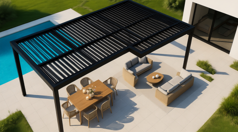 Современная пергола с чёрным ламелями, расположенная рядом с бассейном. Под ней — обеденный стол с креслами и мягкая мебель. Зона отдыха, окружённая зеленью. Солнечный день, тени от перголы создают игру света и тени. Идеальный дизайн для загородного дома. Материалы и надёжность Каркас делают из алюминия. Он:  лёгкий (в три раза легче стали), долговечный (служит 20+ лет), экологичный (100% переработка), устойчив к температуре от –30 до +50 °C. Снег? Не проблема. Конструкция выдерживает до 250 кг/м², а встроенная система отвода воды защищает фундамент и настил.  Автоматика и управление Пергола работает на электроприводах с тихими бесщёточными моторами. Все ламели двигаются синхронно, а управлять ими можно с пульта или телефона. Полный цикл открывания занимает меньше 90 секунд.  Дополнительно можно подключить:  инфракрасные обогреватели LED-подсветку боковое остекление или ZIP-экраны для приватности Режимы работы Лето – Свежий воздух, тень и естественная вентиляция. До 95% защита от ультрафиолета. Осень – Герметичная крыша + остекление + обогрев = закрытая уютная комната. Просторная открытая терраса с длинным деревянным столом и плетёными стульями под чёрной перголой. На столе — декоративные вазы. За пределами перголы — зелёный газон, высокие деревья и живая изгородь. Яркий солнечный день, тени от конструкции падают на пол. Уютное место для приёма гостей на природе. Экономика вопроса Пергола — это не только комфорт.  Экономия энергии: до 60% меньше расходов на кондиционеры. Увеличение стоимости недвижимости: +15–25%. Практически круглогодичное использование террасы — без капитального строительства. Частые вопросы Сложно ли управлять? Нет. Всё управление сводится к одной кнопке.  Безопасно ли для детей? Да, низкое напряжение (24 В) и защита от перегрузок.  Подходит ли для российского климата? Да. Выдерживает снеговые и ветровые нагрузки, есть системы антиобледенения.  Итог Биоклиматическая пергола превращает террасу в полноценное жилое пространство. Летом она охлаждает, а в холодное время года сохраняет тепло, а круглый год — защищает и делает дом комфортнее.  Это не просто «модный элемент», а технология, которая добавляет ценность вашему жилью и открывает новые сценарии жизни: ужины с видом на закат, йога на свежем воздухе, встречи с друзьями в любую погоду.  Хотите узнать больше об обустройстве террас в частных и многоквартирных домах? Рассказываем об этом в нашем блоге.  Реклама -61% На тариф «ЛАЙТ-10». Выгода 12 970 ₽ / год Скидки на конструктор Mottor до −65%! Спешите - такого больше не будет! Сайты и лендингиКвизыИнтернет-магазиныАвтоворонки lpmotor.ru Перейти на сайт С подпиской рекламы не будет Подключите Дзен Про за 159 ₽ в месяц   Подключить  Комментарии Написать комментарий 0 / 2500    Напишите что-нибудь — ваш комментарий станет первым Рекомендуем почитать 3 минуты  Уютный дом с BLIZKO 22,5 тыс читали · 5 месяцев назад  Веранда на даче: 15 потрясающих идей для оранжерей, террас и летних кухонь Знаете, как это бывает: вы приходите на дачу после недельной работы, и первое, что хочется — отдохнуть и расслабиться на природе, выпить чашечку ромашкового чая и просто насладиться жизнью. Мы собрали для вас 10 потрясающих идей, которые вдохновят и заставят влюбиться в дачу еще больше! Вы открываете двери на веранду, и вокруг вас — буйство зелени и яркие цветы. Оранжерея дает возможность посадить свой собственный маленький сад под крышей. Установите стеклянные стены или поставьте несколько больших окон, чтобы впустить солнечный свет... 4 минуты  Эстетика сада 2840 читали · 2 года назад  Зона барбекю на нашем участке плюс небольшой обзор предложений по теме Где расположить зону для приготовления еды на свежем воздухе и какой она будет - эти важные вопросы при обустройстве придомовой территории занимают умы многих домовладельцев. Пользоваться такой зоной должно быть удобно. Хорошо, если из кухни до уличной печи расстояние - рукой подать. Есть дорожка, какие-то промежуточные точки, где можно поставить вещи, необходимые для готовки. Ведь приносить приходится многое: блюдо с продуктами, которые будут приготовлены на углях, щипцы, приправы, масло... Мне кажется, зона не должна быть на виду... 5 минут  Ландшафтные истории 929 читали · 6 дней назад  Ландшафтный дизайн на участке. Простые и практичные идеи. Ландшафтный дизайн, как наука, подчинена определенным правилам. Целью всегда является организация привлекательного пространства с определенным стилем и гармонией. В этой статье я расскажу, как добиться основных целей дизайна с помощью определенных хитростей и интересных идей. Посмотрите, чем ваш участок индивидуален. Отметьте все его особенности и преимущества, которые можно будет использовать при создании ландшафтного дизайна. Интересные идеи. Если участок имеет интересный рельеф, то используя возвышенности... Реклама Топ SEO-студий по продвижению сайтов Найдите проверенное SEO-агентство для вашей отрасли и города на нашем сайте! SEO под ключОптимизация сайтаSEO-аудит сайтаО компании ratingruneta.ru Перейти на сайт Реклама Топ агентств «Разработка и SEO сайтов» Лучшие агентства разработки сайтов и SEO-продвижения 2025. Выбирайте на сайте! Интернет-магазинКорпоративный сайт ratingruneta.ru Перейти на сайт