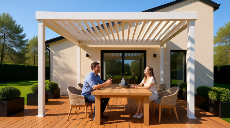 Мужчина и женщина сидят за деревянным столом под белой перголой с решётчатым потолком на деревянной террасе. Они улыбаются и разговаривают, на столе — ваза с цветами. Вокруг — зелёный газон, кустарники и светлый дом. Яркий солнечный день, тени от перголы создают уютную атмосферу. Идеальное место для семейного отдыха на природе.