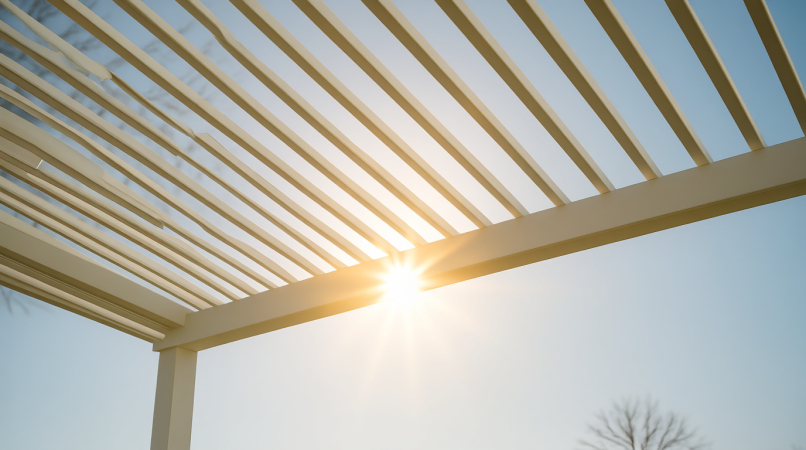 Близкий план белой перголы с горизонтальными планками, через которые проникает яркое солнце. Свет создаёт эффект лучей и бликов на фоне голубого неба. На заднем плане — силуэт дерева. Изображение передаёт ощущение тепла, света и уюта в летний день.