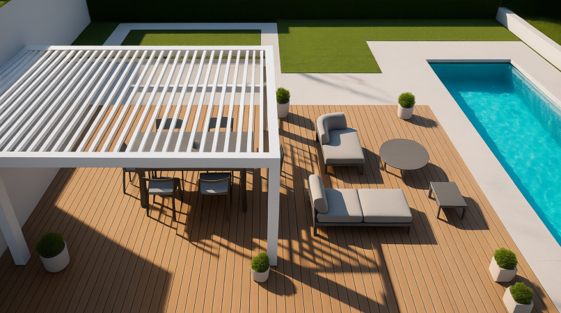 Аэрофотосъёмка современной террасы с белой перголой, расположенной рядом с бассейном. Под перголой — обеденный стол с стульями. Рядом — лежаки, круглый столик и небольшие растения в горшках. Деревянный пол, светлая плитка, зелёный газон. Чёткие тени от перголы, солнечный день. Идеальный дизайн для загородного дома.