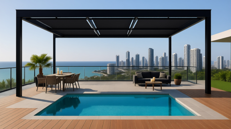 Современная терраса с чёрной металлической перголой, расположенная над бассейном с кристально чистой водой. Вид на море и высотные здания города. На террасе — обеденный стол с стульями и диван с кофейным столиком. Деревянный пол, пальма и растения создают уютную атмосферу. Идеальное место для отдыха в курортном районе.