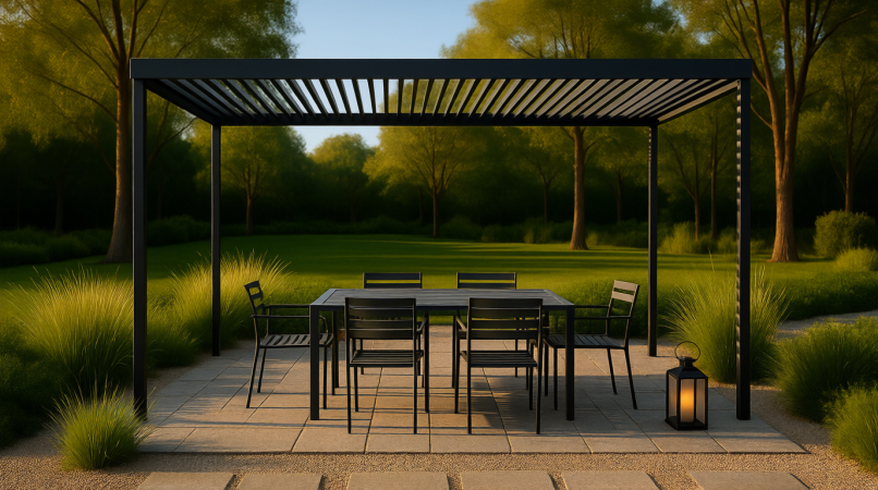 Просторная терраса с чёрной перголой, под которой расположен обеденный стол с шестью стульями. Вокруг — зелёная трава, высокие травы и деревья. Фонарь рядом с входом добавляет уюта. Солнечный день, тени от перголы создают комфортную тень. Идеально для семейных ужинов на природе.