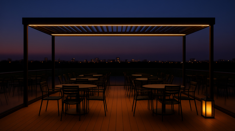 Современная терраса с чёрной перголой и встроенной подсветкой, освещающей пространство тёплым светом. На ней — несколько круглых столов и стульев. На заднем плане — городской пейзаж с огнями в сумерках. Атмосфера уюта и роскоши в вечернее время.
