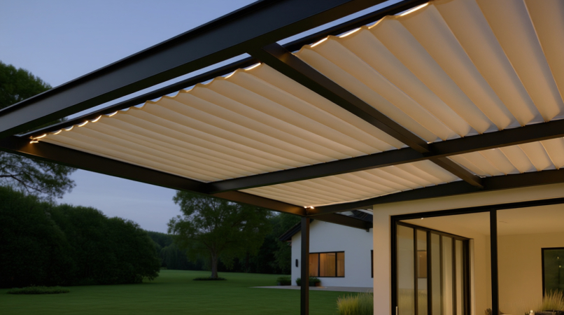 Современная пергола с тентом и встроенной подсветкой, освещающей конструкцию тёплым светом. На фоне — сумерки, зелёный сад и светлый дом. Тент частично опущен, создаёт уютную атмосферу. Идеальное решение для использования перголы днём и ночью.