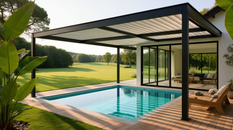 Современная чёрная пергола с белым рулонным тентом, расположенная над бассейном. На террасе — шезлонг и зелёный газон. Вид на ухоженный сад и лес на заднем плане. Солнечный день, тени от перголы создают комфортную тень. Идеальное место для отдыха у воды в загородном доме.