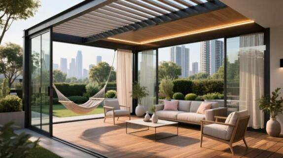 Современная открытая терраса с чёрной перголой, раздвижным остеклением и гамаком, подвешенным между столбами. На ней — диван, кресла, кофейный столик и растения. Вид на город с высотных зданий и зелёный двор. Уютное место для релакса в городе.