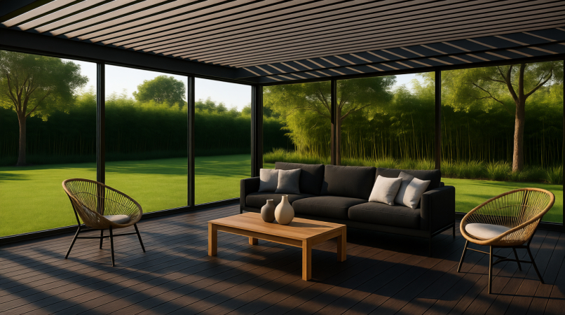 Современная закрытая терраса с остеклением и потолком из ламелей. Внутри — чёрный диван, деревянный кофейный столик и два плетёных кресла. За окном — зелёный газон, бамбук и деревья. Тени от перголы создают игру света и тени. Идеальное место для релакса в гармонии с природой.