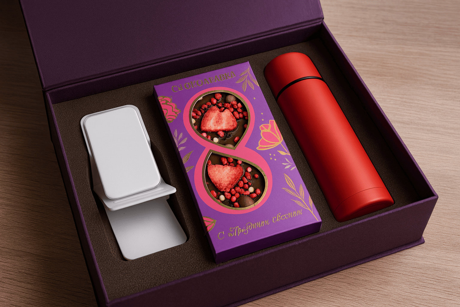 Подарочный набор к 8 марта: зеркало, коробка конфет и термос.