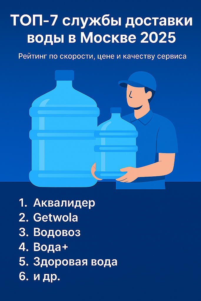 ТОП-7 служб доставки воды в Москве 2025: Рейтинг по скорости, цене и качеству сервиса - Актуальный рейтинг (Аквалидер, Getwola, Водовоз, Вода+, Здоровая вода и др.)