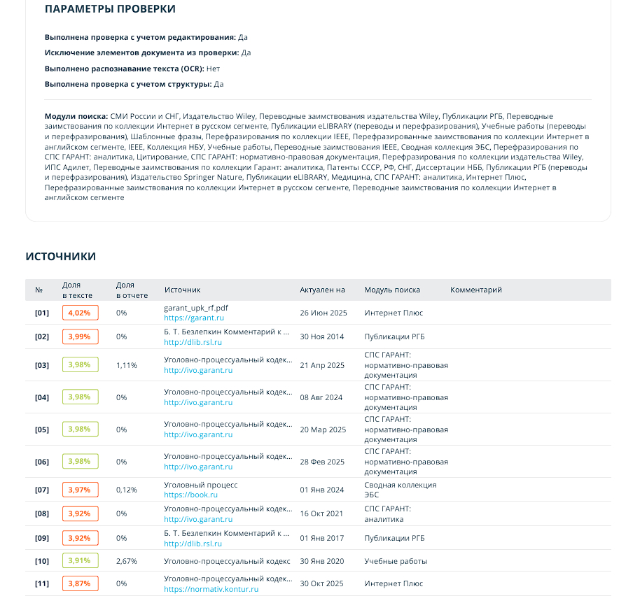 результаты отчета и список ссылок на них