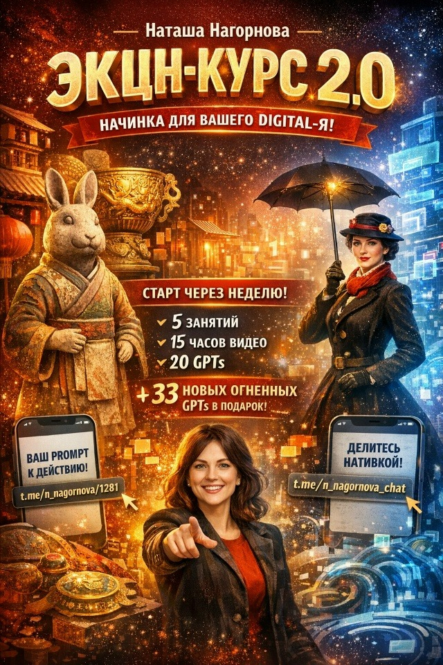 Для всех, кто хочет прочувствовать этот метод на практике, Наташа Нагорнова дарит тот самый километровый prompt (https://t.me/n_nagornova/1281) – готовый рецепт контента с элементами магии, сторителлинга и странных фактов в стиле Мэри Поппинс для взрослых. Это ваш ключ к нативному продвижению.