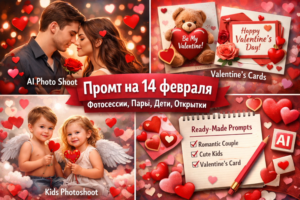 промт на 14 февраля — готовые промты для ИИ фотосессии, пары, детей и открыток
