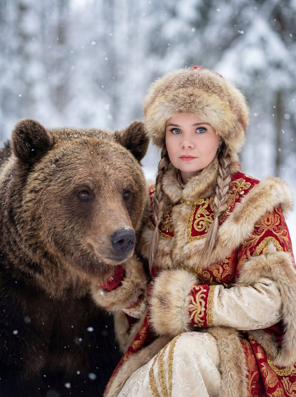 Новогодняя фотосессия ИИ в зимнем лесу с медведем — этнический regal-портрет через nano banana