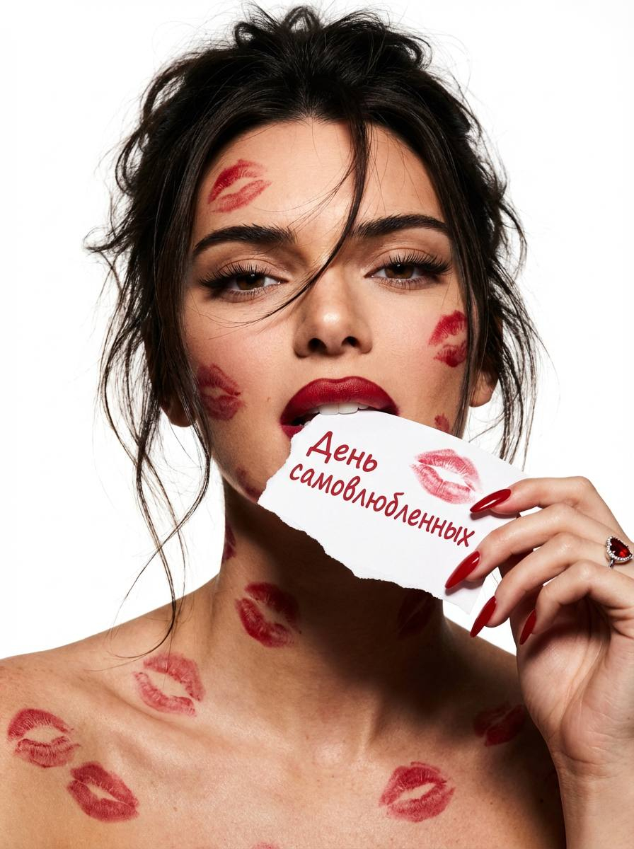 Промт для фотосессии через ИИ: кинематографическая Y2K девушка с красной помадой и листком «День влюбленных» - подарок на 14 февраля