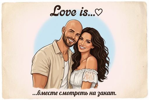 Открытка в стиле "Love Is" с самым простым промтом через Нано Банана ПРО