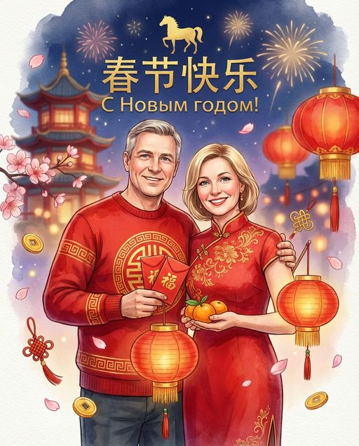 Сделать поздравительную открытку на Новый Год Огненной Лошади через нейросеть