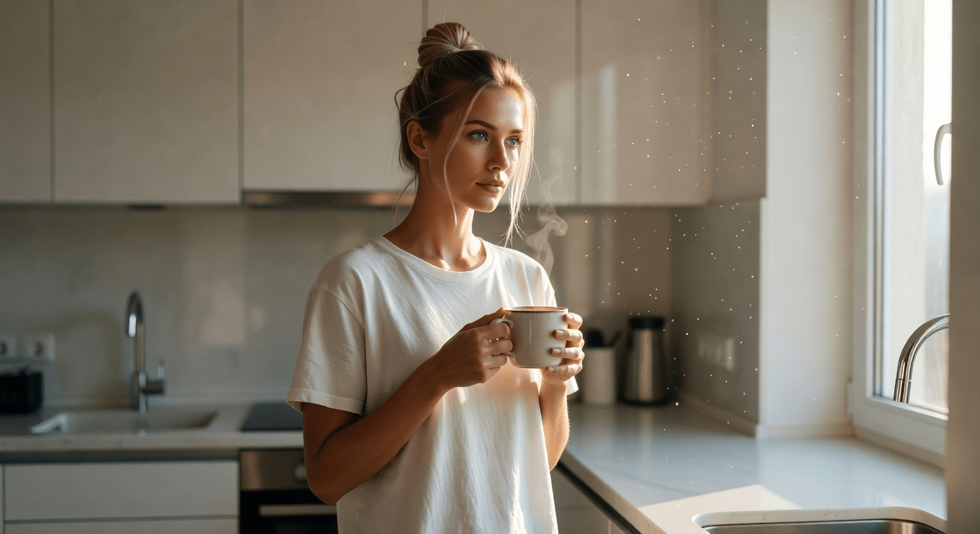 Мягкий утренний свет, домашняя одежда, уют, отсутствие макияжа, чашка кофе.