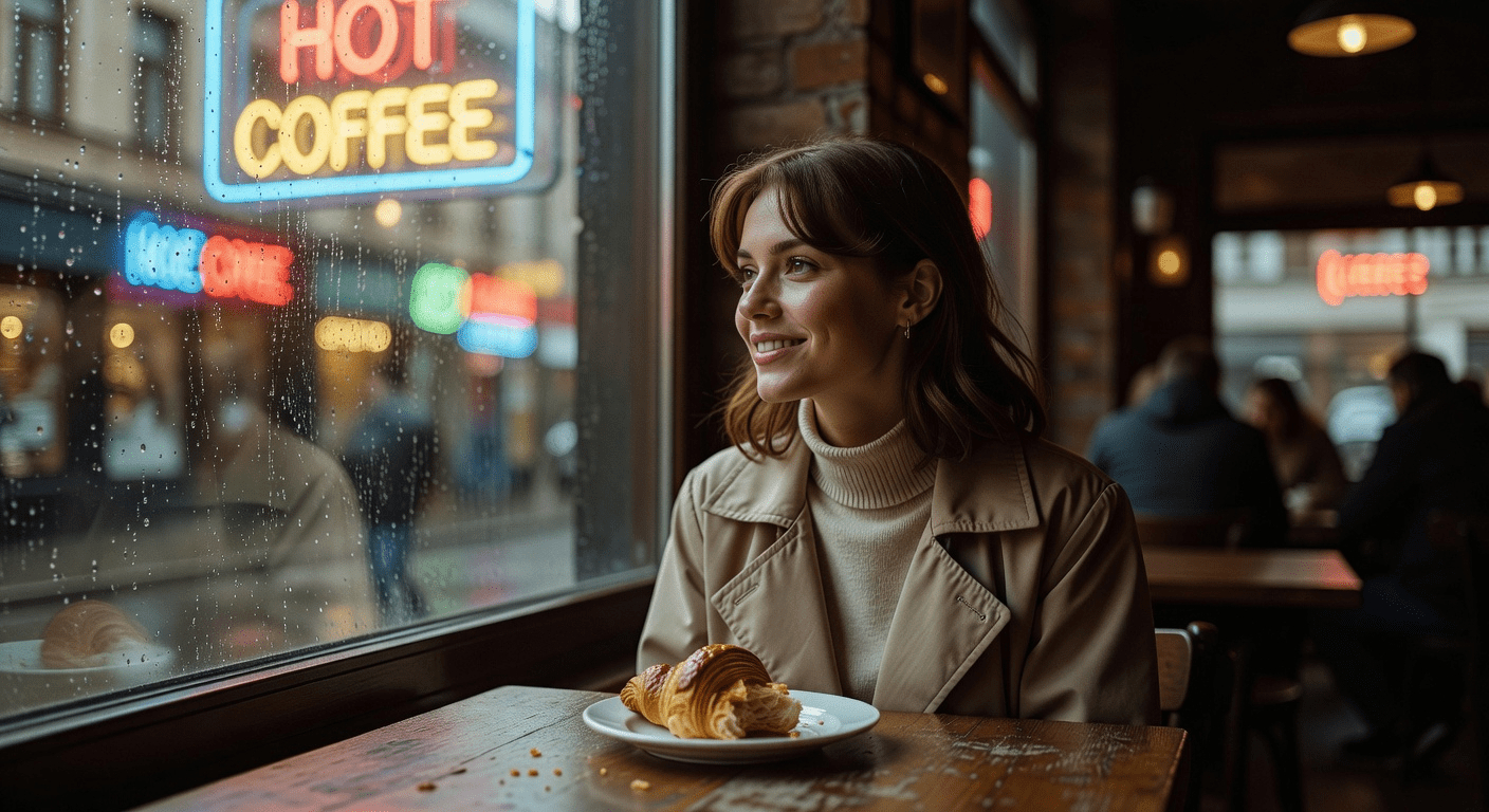 Вы сидите у окна, смотрите на улицу или в телефон. Атмосфера меланхоличная и уютная.