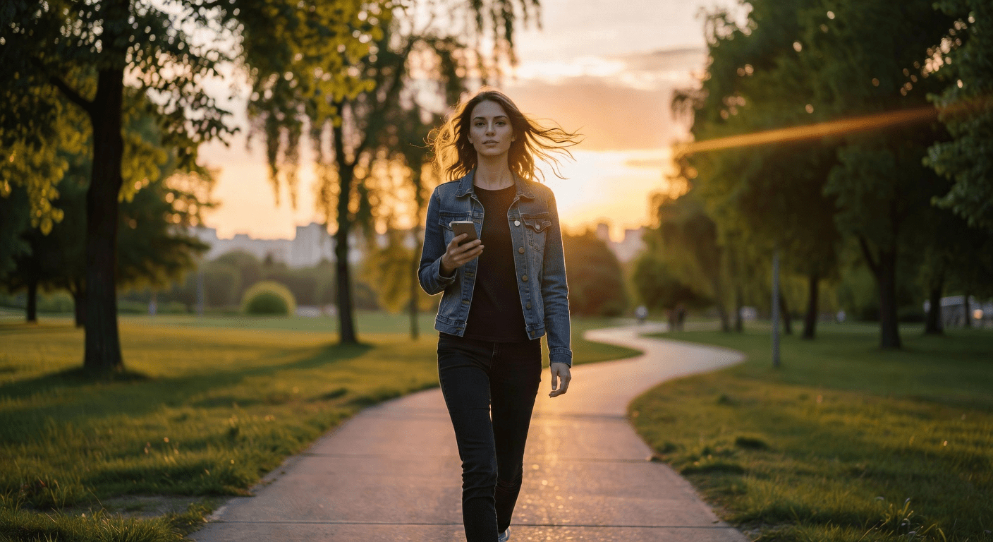 Прогулка на закате, контровой свет, волосы светятся, естественная улыбка.