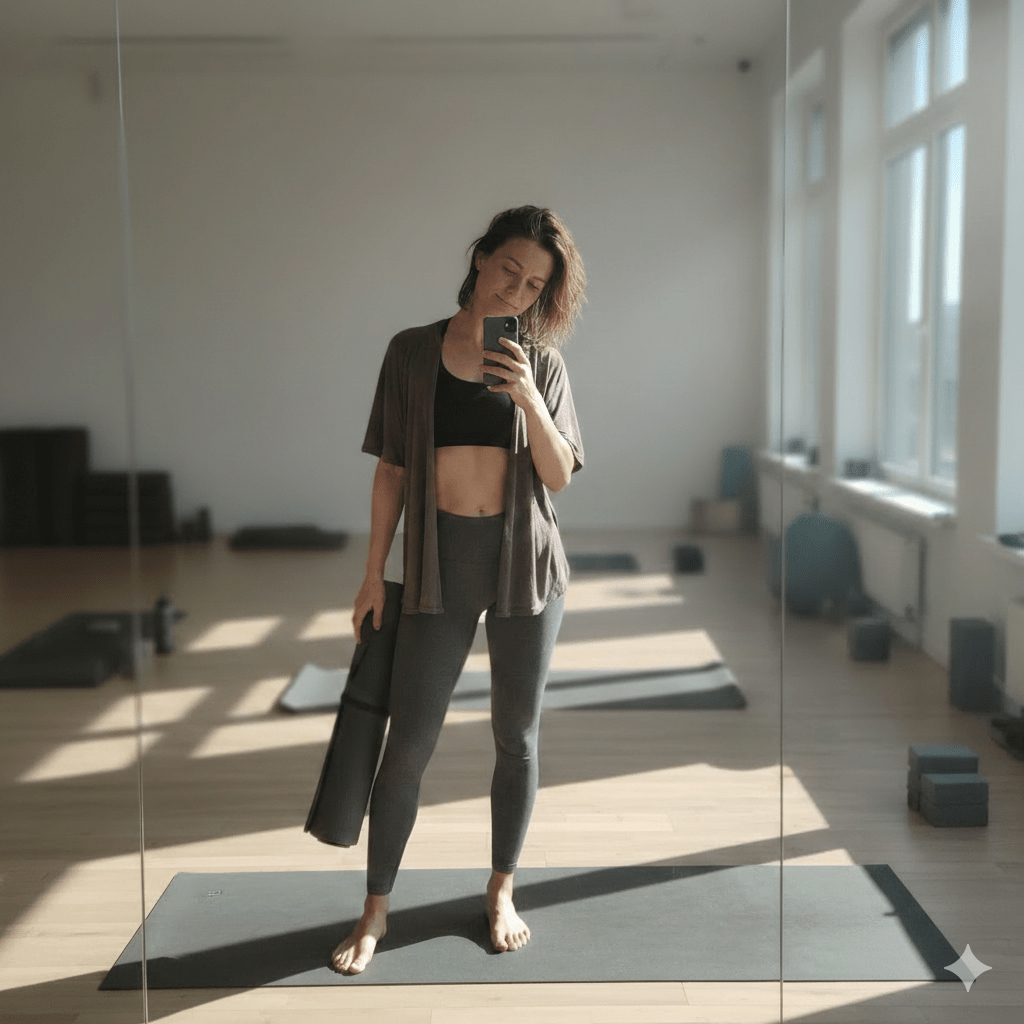 Селфи в зеркале после приятной утренней тренировки. Выглядит как  фото в умиротворенном моменте.