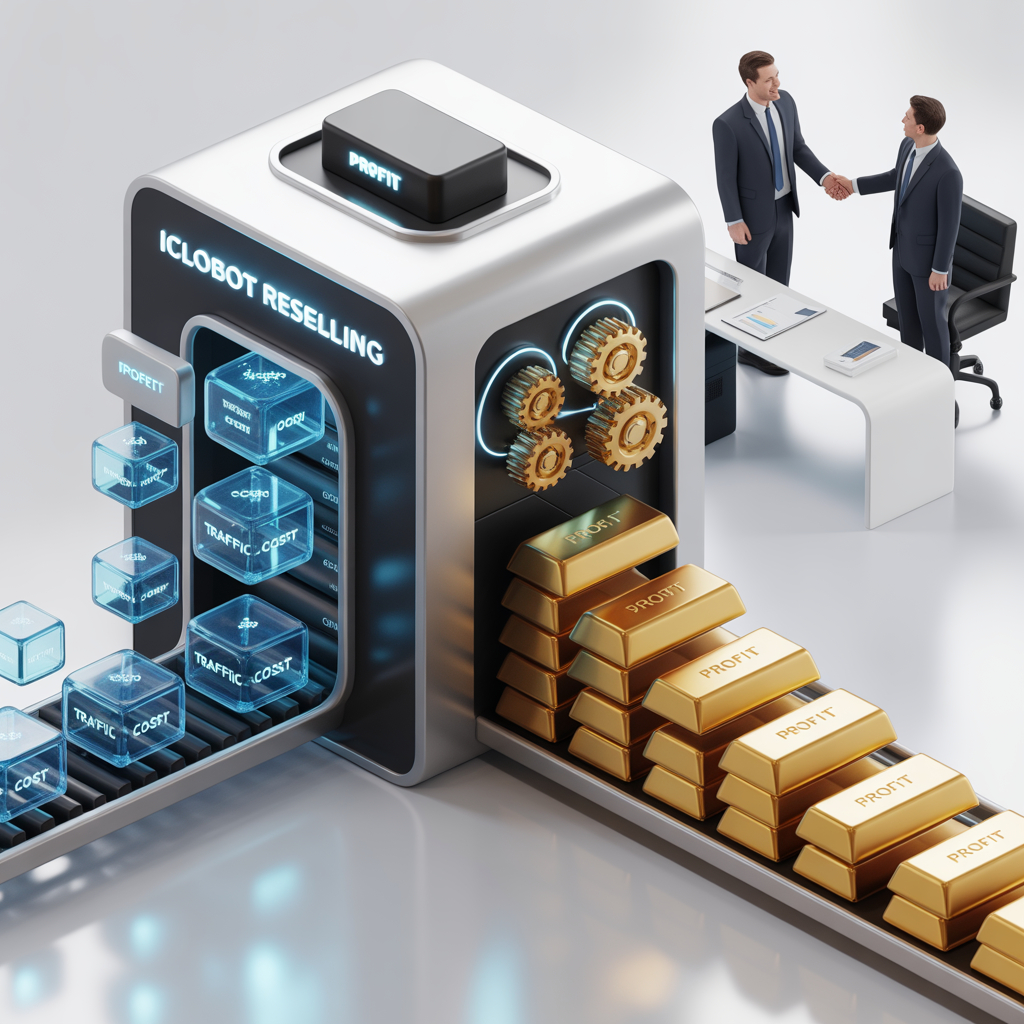Визуализация - iClobot как высокотехнологичный конвейер, который берет дешевый трафик и выдает на выходе прибыль.